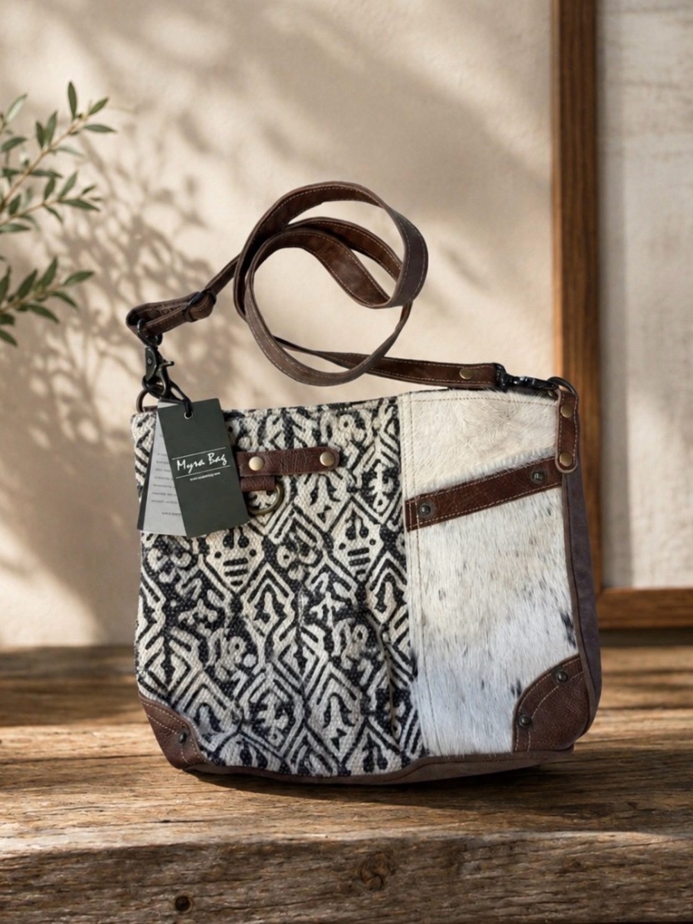 Myra Heron Cowhide Rug Crossbody Shoulder Bag Boho Western